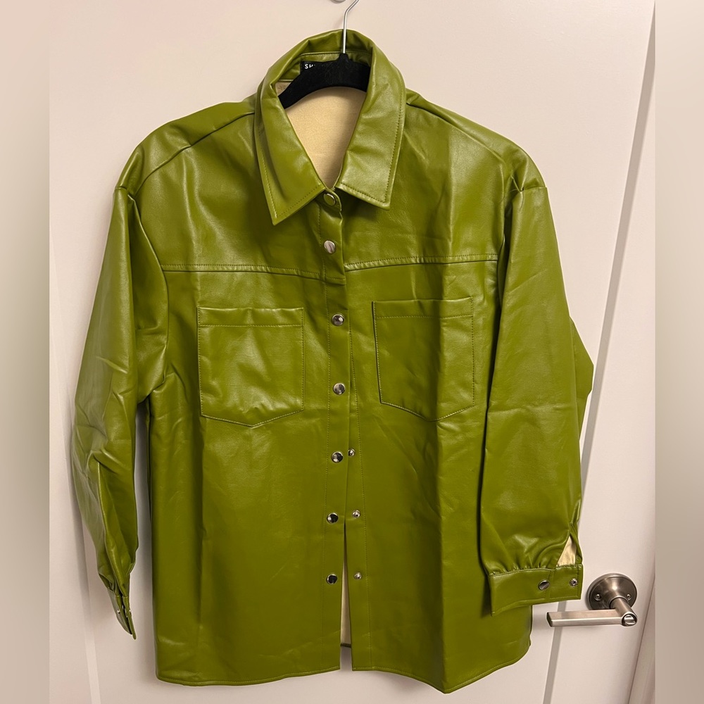 Faux green leather button up jacket